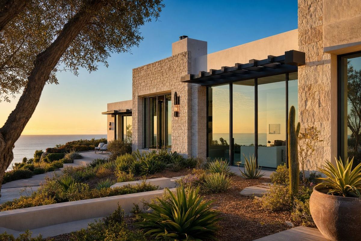 Pristine modern Southern California coastal home with sparkling clean exterior and windows at golden hour